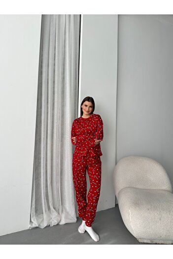 LETS BASIC Red Candy Patterned Long Sleeve Women's Pajama Set