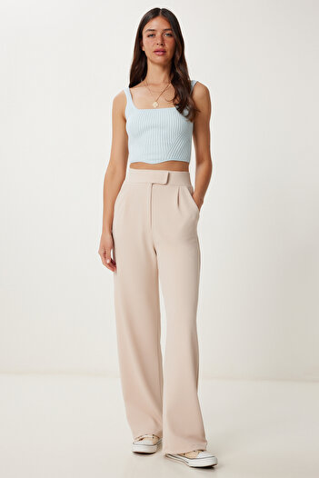 Lovelyİstanbul Comfortable Cut Cream Palazzo Trousers - Velcro Waist Lrv0003