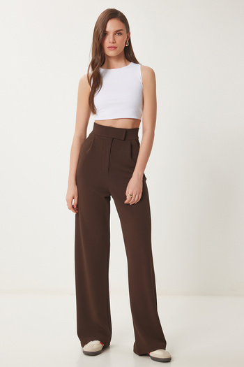 Lovelyİstanbul Relaxed Fit Brown Palazzo Trousers - Velcro Waist Lrv0003