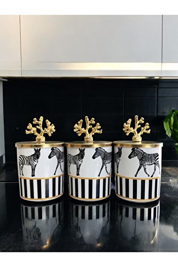 ferayhome Spice Cylinder Set of 3 Coffee Corner Zebra Horse Patterned Gold Coral - Feray Home