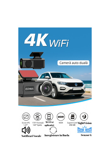 Edima Camera Auto DVR 4K EDIMA®, Camera de bord ultracompacta, FULL HD 4K, 2160P, Inregistrare in bucla,