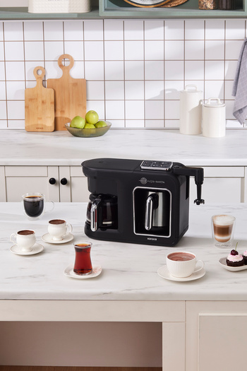 Karaca Hatır Plus Barista Steel 6 in 1 Steel Coffee Pot Talking Ember Turkish Coffee Machine Black Chrome
