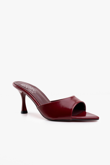 Cochines Papuci cu toc înalt pentru femei, din piele lacuată burgundă, cu vârf ascuțit, pantofi eleganti cu toc scurt și subțire, sandale papuci