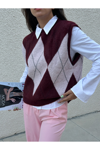 minaaise Women's Knitwear Burgundy Baklava Pattern Soft Textured Sweater 5244