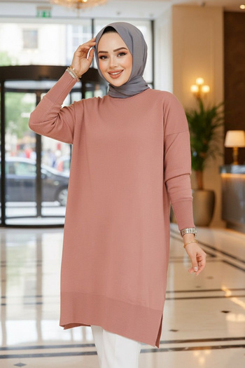 Neva Style Πλεκτό πουλόβερ τούνικ Dusty Rose Hijab 17203gk