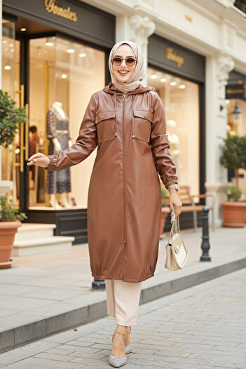Neva Style Ταν Δερμάτινο Καπάκι Hijab με κουκούλα - 1503TB