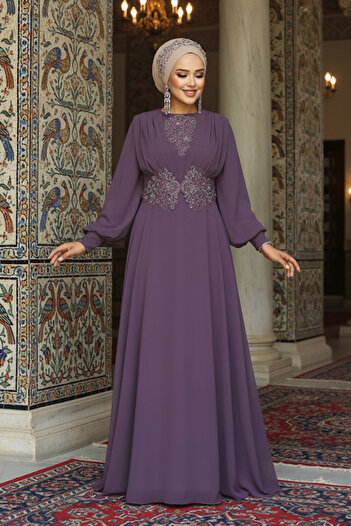 Neva Style Lacy Dark Rose Dried Hijab Evening Dress 9118Kgk