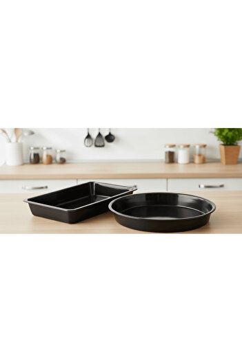 COOK-LAB 2 Pieces (26 and 26*37 cm) Black Glossy Enamel Round and Square Oven Tray Set