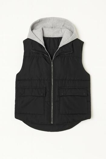 Qenz Gray Hooded Short Puffer Vest - Black