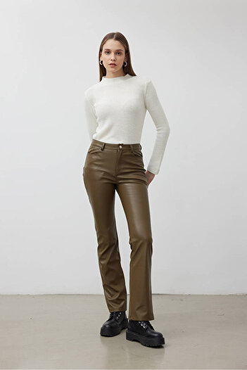 BE BLUE Green Straight Leather Trousers