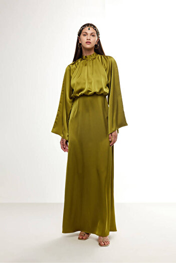 BE BLUE OLIVE GREEN WIDE SLEEVE SATIN DRESS