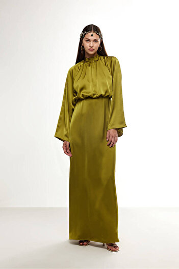 BE BLUE OLIVE GREEN WIDE SLEEVE SATIN DRESS