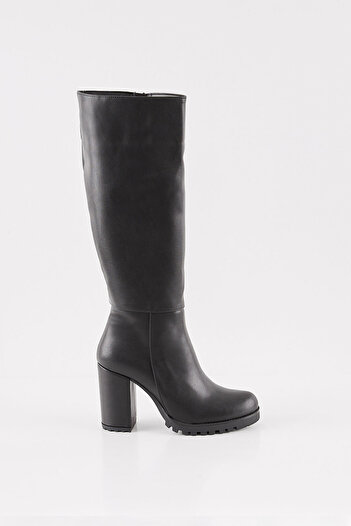 Ayakkabı Delisiyim Black Leather Women's Zippered Thick Heeled Boots with Live Platform