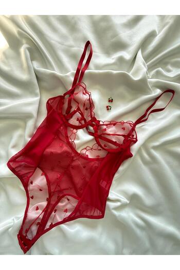 İNKO İÇ GİYİM Heart Patterned Underwire Transparent Bodysuit with Six Snaps