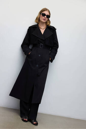 BE BLUE Black Crocheted Trench Coat