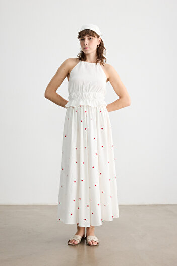 BE BLUE Heart Embroidered Cotton Linen Skirt