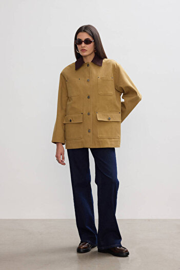 BE BLUE Sand Oversize Velvet Collar Gabardin Jacket