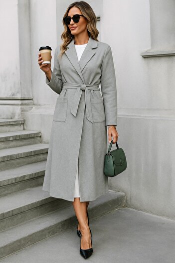 Modayakamoz New Season Women's Below-The-Knee Cashmere Coat with Pockets and Belted Waist