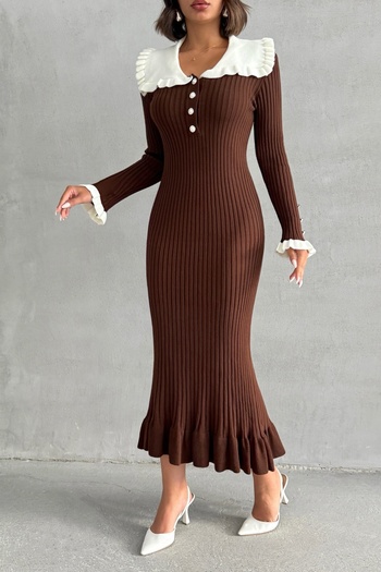 Lusin Women's Brown Stylish Collar Detailed Midi Length Knitwear Dress (New Color)