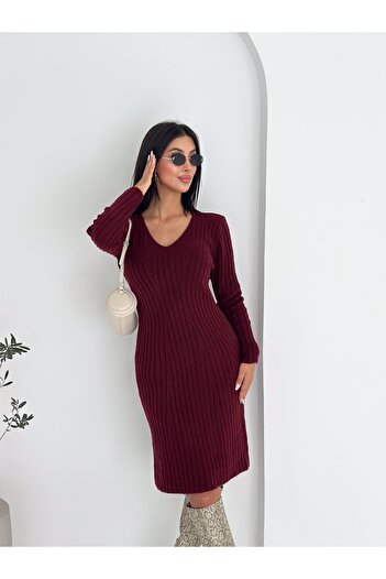 Brantu Fitilli Uzun Kollu V Yaka Kadın Bordo Triko Elbise