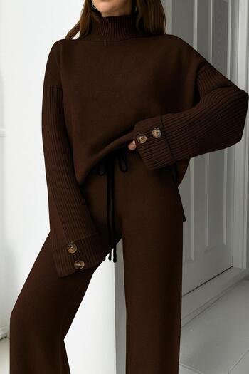 peri tower New Product Stand Collar Button Detail Oversize Sweater-Pants Knitwear Bottom Top Set 0034
