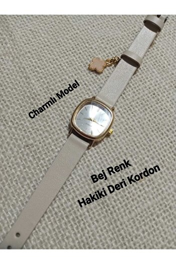 QUARTZ CHARMLI MARKA GEOMETRİK GOLD KASA HAKİKİ DERİ BEJ KORDON KADIN KOL SAATİ bb0021