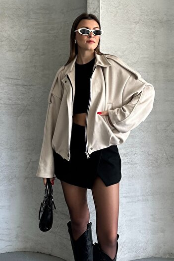 moda armanc Women's Oversize Suede Bomber Jacket - New Season Leather Trend Jacket