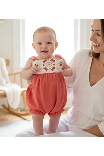 ALTINTAŞ BABY Crochet Motif Soft and Breathable Muslin Strap Shorts Jumpsuit