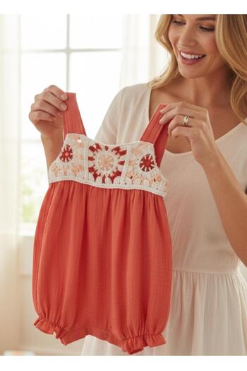 ALTINTAŞ BABY Crochet Motif Soft and Breathable Muslin Strap Shorts Jumpsuit