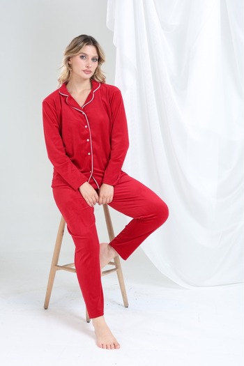 Elit Red Front Buttoned Velvet Winter Women's Pajamas Set Dowry Set Gift