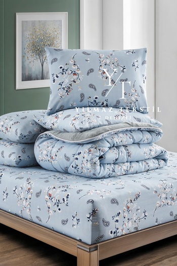 ChicMaison Double Fluffy Sleeping Set |   Elastic Sheet |   Dowry Set |   Dowry Team |   Blue Ethnic