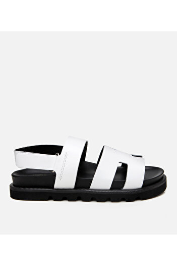 Hotiç Women's Leather White Adjustable Buckle Flat Sandals