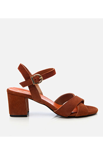 Hotiç Women's Suede Leather Tan Belted Thick Heeled Sandals