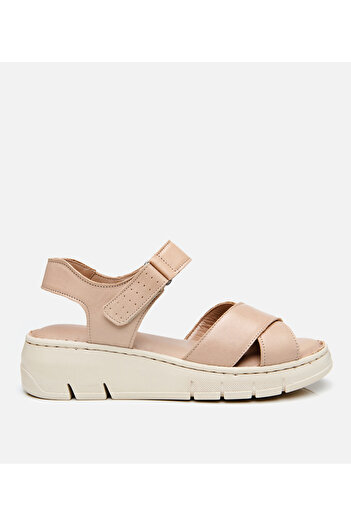 Hotiç Women's Leather Beige Adjustable Comfort Sandals