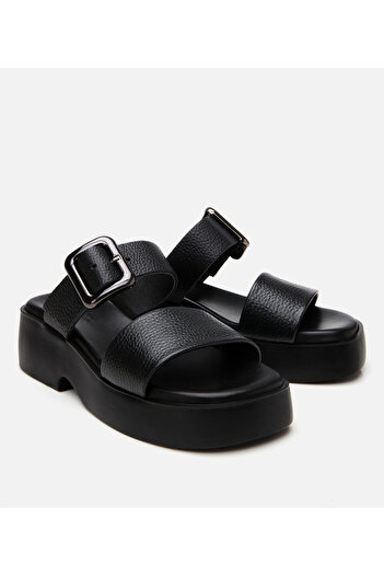 Hotiç Women's Leather Black Belted Heeled Slippers