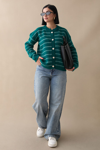 InStyle Emerald Knitwear Cardigan - Thin Stripe Detail