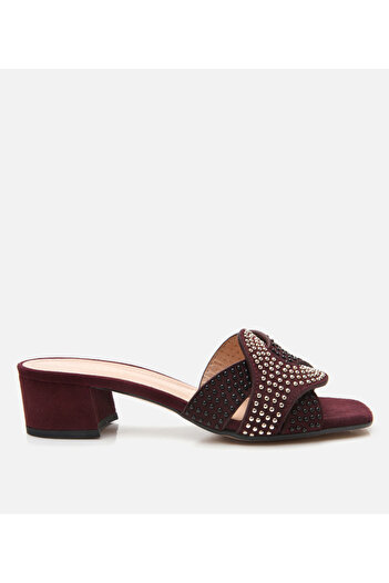 Hotiç Women's Suede Leather Burgundy Stone Heeled Slippers