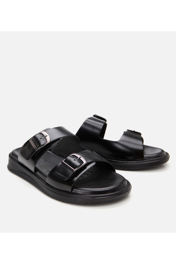 Hotiç Men's Leather Black Light Sole Belt Detailed Slippers