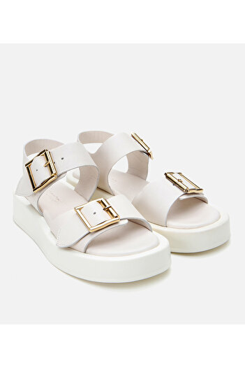 Hotiç Women's Leather Ecru Belted Flat Sandals