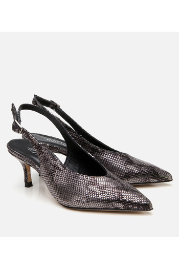 Hotiç Women's Leather Black Snake Pattern Open Back Heeled Shoes