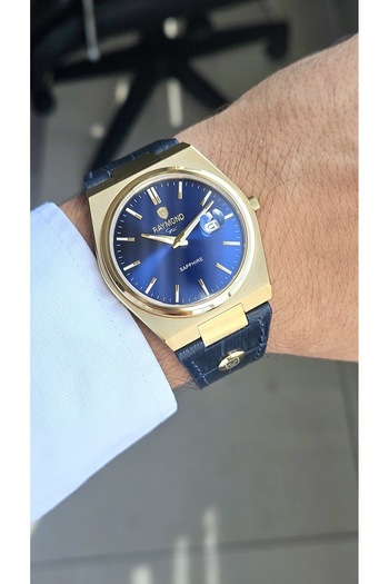 Raymond Rym-633061 Slim Classic Men's Watch - Sapphire Glass - Leather Strap - Steel Case - 2 Years Warranty Gold-Bl