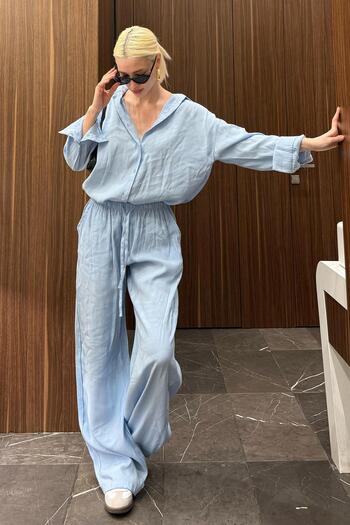 Madmext Set din două piese cămașă și pantaloni pentru femei Blue Basic MG2352