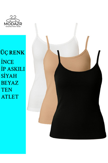Aydoğan Women's Black and White Skin Lycra Rope Strap Undershirt, 3 Piece