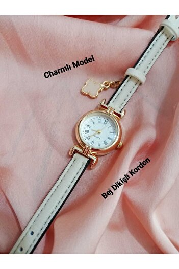 QUARTZ Retro Minimal Model Beige Cord Women's Wristwatch with Charm Gift Bb123