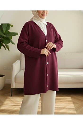 Modamorfo V-Neck Buttoned Oversize Knitwear Cardigan - Burgundy