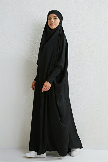 Choice One Size black Muslim Abaya Hooded Smocking Sleeve One-piece Prayer Dress Women Jilbab Islamic Cloth