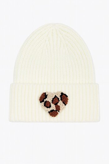 byebruketenci New Year's Gift - Cream Beret with Leopard Print and Heart Punch Detail