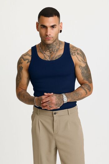 İLKCET MODA Premium Ribbed Slim Fit Navy Blue Stretchy Men's Sports Tank Top