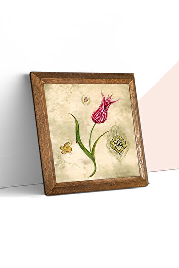 Pinecone Tulip Marbling Art Wooden Framed Stone Wall Painting – 25X25 cm Decorative Home and Office Decor | W1-134 |
