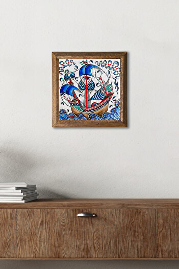 Pinecone Tile Art Sailing Ship Stone Wall Painting with Wooden Frame – 25X25 cm Home and Office Decor | W1-183 |